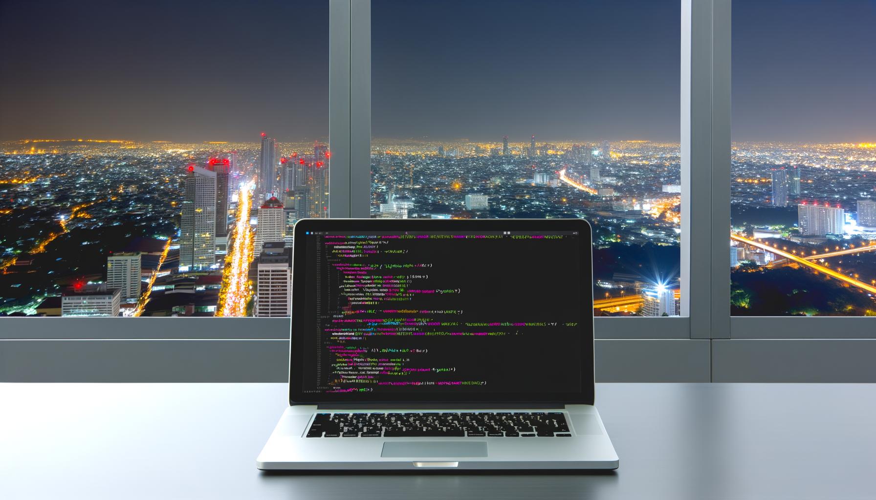 A laptop with HTML code on the screen, sitting in front of a window with a brightly lit city outside.
